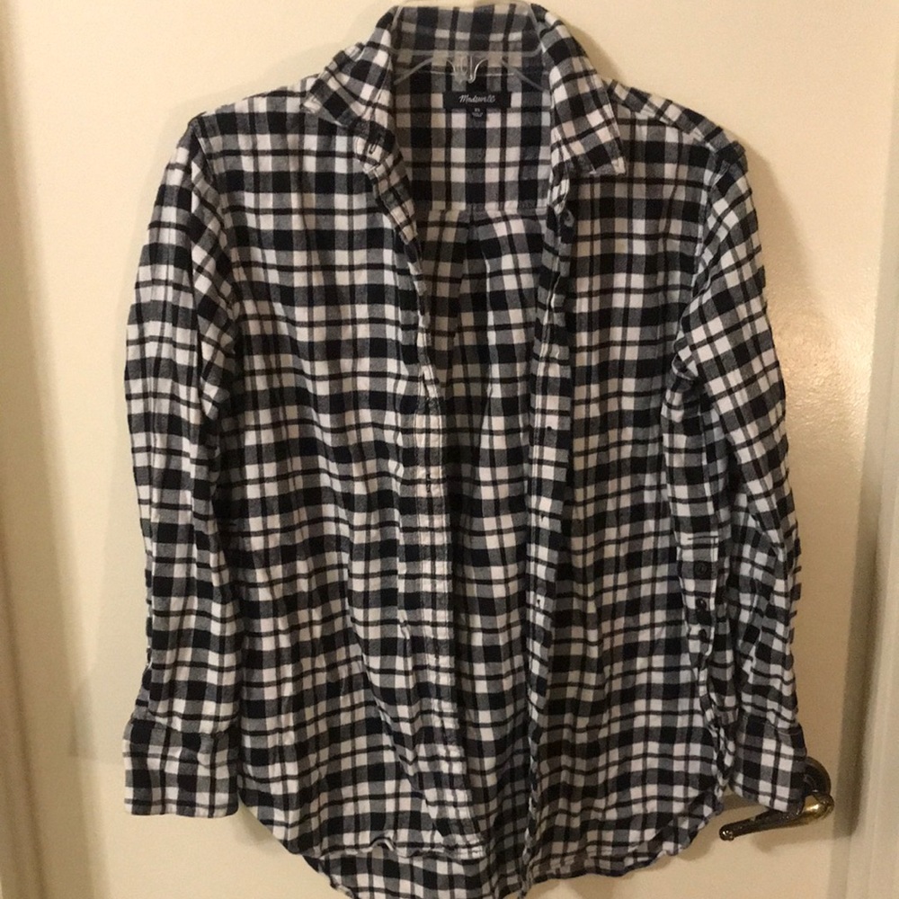 Madewell Flannel Black & White Plaid Shirt Side Button Detail Size X-Small